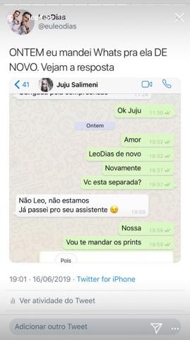 Leo Dias mostra prints de conversa com Juju Salimeni