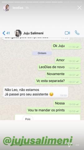 Leo Dias mostra prints de conversa com Juju Salimeni