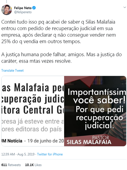 Felipe Neto alfineta pastor Silas Malafaia após vir a falência: ''Justiça do caráter não falha''