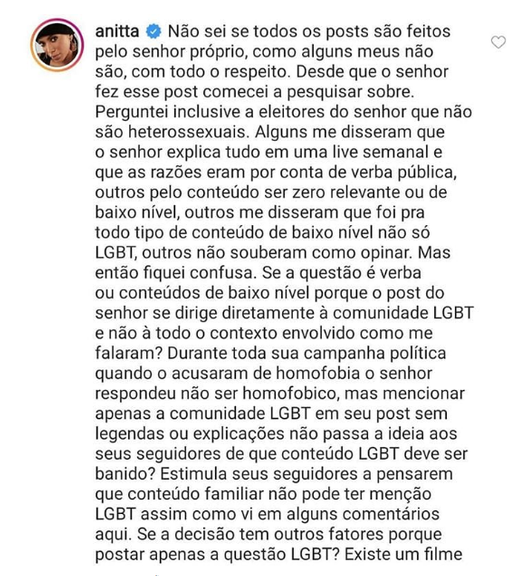Anitta questiona Bolsonaro nas redes sociais sobre acusação de homofobia: ''Gostaria de entender''