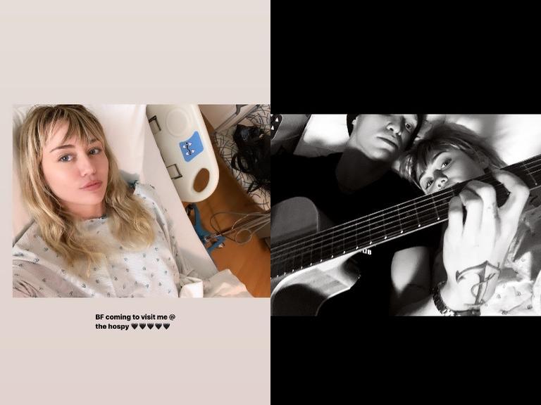 Miley Cyrus recebendo visita romântica do namorado, Cody Simpson, no hospital